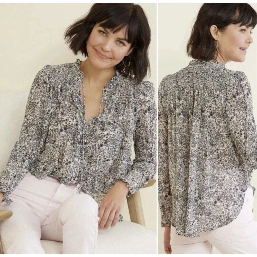 Free People Long Sleeve Floral Smocked Blouse Blue Size M Boho Summer Top